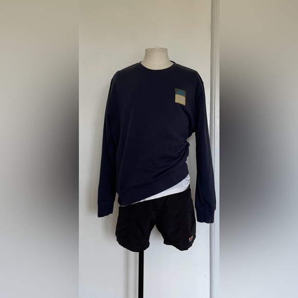 SATURDAYS NYC FRENCH TERRY BOWERY SUN GRAPHIC SWEATSHIRT NAVY BLUE BOYFRIEND - Picture 8 of 9